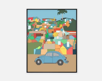 May include: A blue Volkswagen Beetle parked in front of a colorful hillside neighborhood with houses painted in various shades of blue, green, yellow, red, and orange.