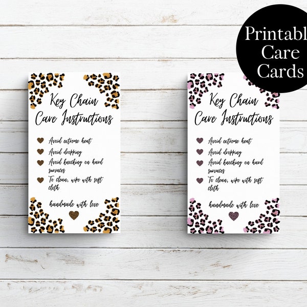 Printable Key Chain Care Cards, Leopard Print Care Cards, Key Chain Instructions, Cards For Small Business