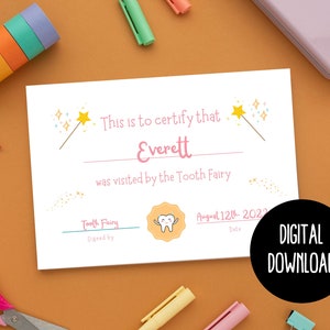Certificat imprimable de fée des dents, certificat de fée des dents, cadeau fée des dents, cadeau de la fée des dents, carte première dent