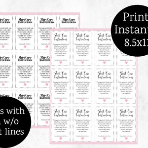May include: Printable 8.5x11 inch sheet with 16 pink and white shirt care instructions labels. Each label includes instructions for turning the garment inside out, machine washing cold, not adding softener, not bleaching, tumble drying low, not dry cleaning, and not ironing. The labels also include the text "Handmade with love".