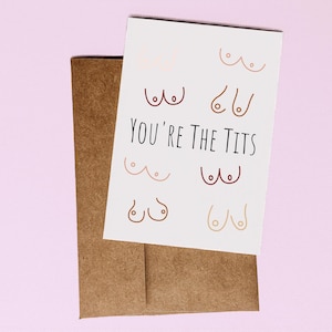 Puede incluir: Una tarjeta de felicitaci&oacute;n con la frase "You're the Tits" en texto negro, acompa&ntilde;ada de ilustraciones de senos en varios colores. La tarjeta est&aacute; colocada sobre un sobre marr&oacute;n sobre un fondo rosa.