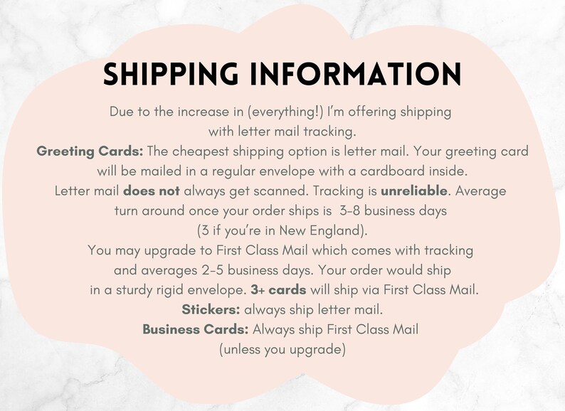 May include: A pink and white text graphic with the heading "Shipping Information". The text explains the different shipping options for greeting cards, stickers, and business cards. Letter mail is the cheapest option, but tracking is unreliable. First Class Mail is available for an upgrade and includes tracking. Orders of 3 or more cards ship via First Class Mail.