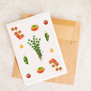 Tarjeta de felicitación de verano, tarjeta de jardinero, tomate, verduras, tarjeta de verano