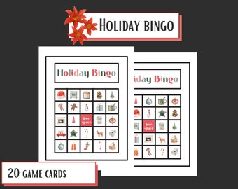 May include: Two Holiday Bingo game cards with festive illustrations. The cards feature a grid of holiday-themed images, including a Santa hat, gingerbread man, and Christmas tree. The text "Holiday Bingo" is displayed at the top, with "20 GAME CARDS" at the bottom.