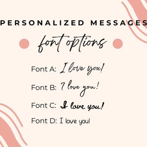 Pode incluir: Um gr&aacute;fico mostrando quatro op&ccedil;&otilde;es de fonte diferentes para uma mensagem personalizada. A mensagem diz "Eu te amo!" em cada estilo de fonte.