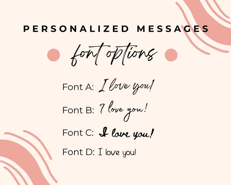 Pode incluir: Um gr&aacute;fico mostrando quatro op&ccedil;&otilde;es de fonte diferentes para uma mensagem personalizada. A mensagem diz "Eu te amo!" em cada estilo de fonte.