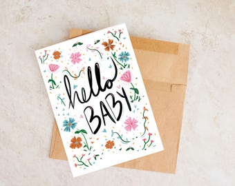 Cartão Olá, bebê: Parabéns pelo novo bebê com flores