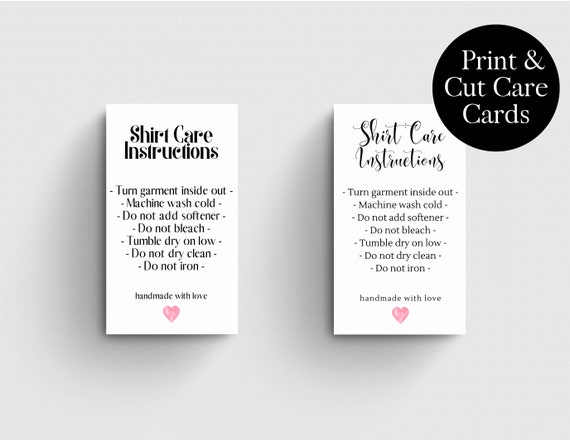 Printable Shirt Care Instruction Cards: Small Business Supplies (Digital Download)