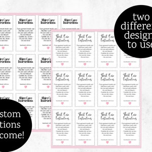 May include: A sheet of printable labels with two different designs for shirt care instructions. The labels are pink with black text and a small pink heart. The text on the labels reads "Shirt Care Instructions" and includes instructions for washing, drying, and ironing.