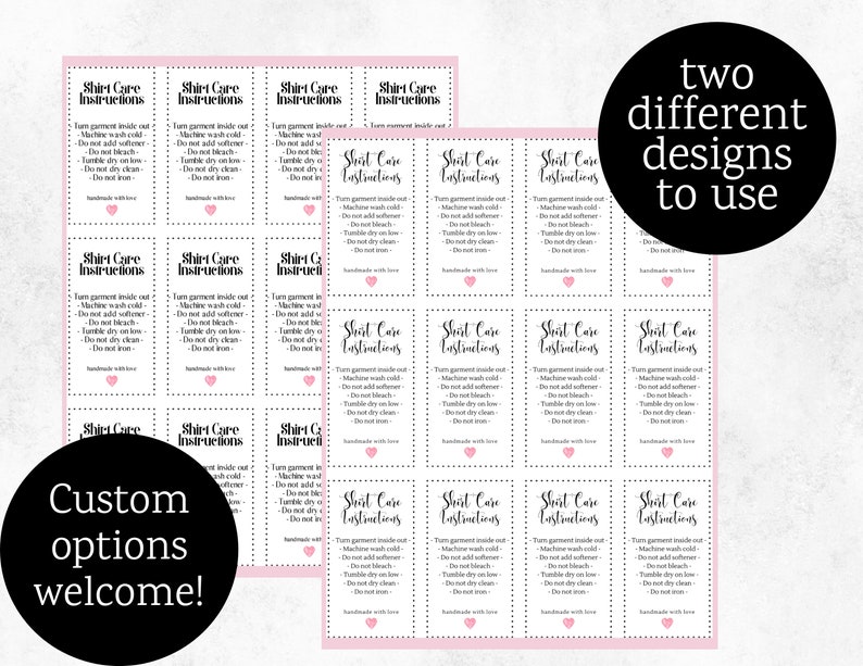 May include: A sheet of printable labels with two different designs for shirt care instructions. The labels are pink with black text and a small pink heart. The text on the labels reads "Shirt Care Instructions" and includes instructions for washing, drying, and ironing.