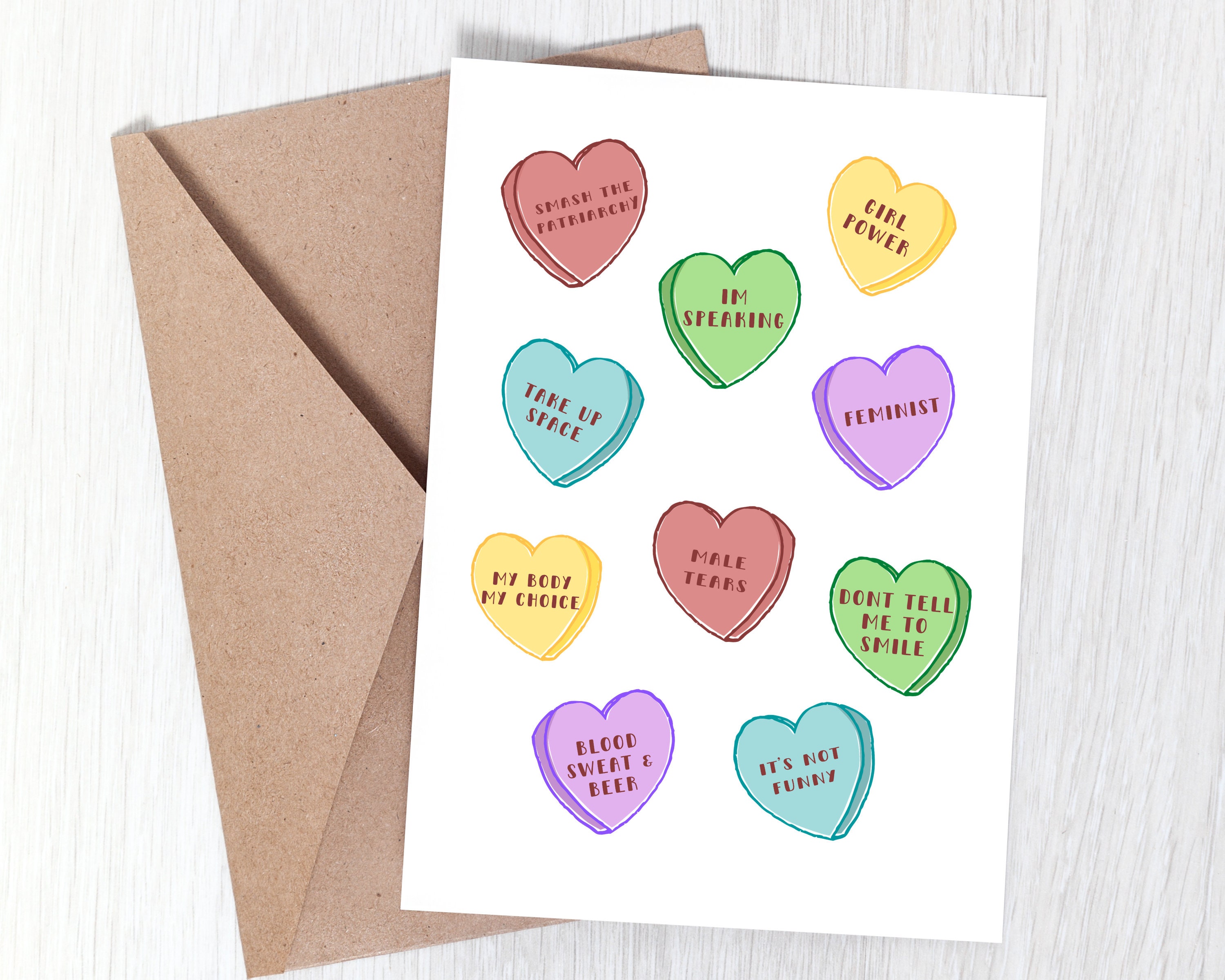 Feminist candy hearts greeting card – Joan and Rose