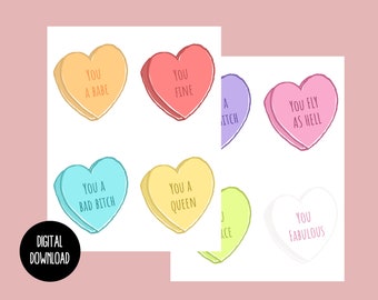 Printable Galentine Heart Cards - Set of 8, Friends Valentine's Cards, Galentine's Day Funny Cards, Feminist Card Set