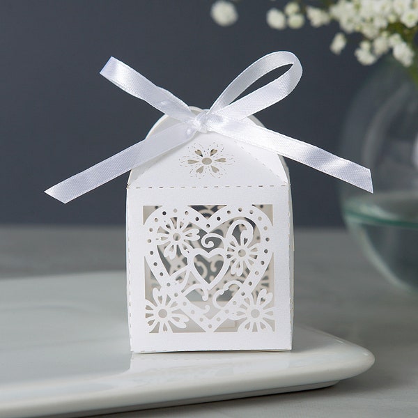 Bridal Shower Favor Boxes - Hearts Boxes - 10-pack - White Candy Boxes - Boxes with Bow - Favors for Wedding Guests - Laser Cut Boxes