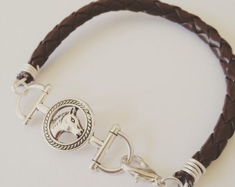 Horse bracelet, leather horse bracelet, brown leather, horse jewellery, brown, silver bracelet, equestrian