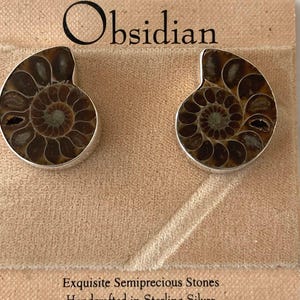 May include: A pair of sterling silver stud earrings featuring a fossil design. The earrings have a spiral pattern in shades of brown and tan. The word "Obsidian" is printed at the top of the card. The text "Exquisite Semiprecious Stones Handcrafted in Sterling Silver" is printed at the bottom.