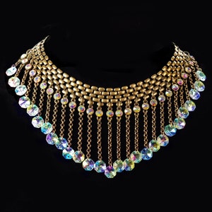 Crystal Fringe Aurora Borealis Vintage Statement Collar Necklace, Rainbow Bib Wedding Necklace, N1273