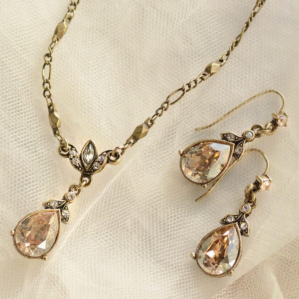 Set collana e orecchini da sposa a goccia, gioielli da sposa, set da sposa, gioielli da sposa semplici, oro, bronzo, topazio, neutro N1170-GS-SET