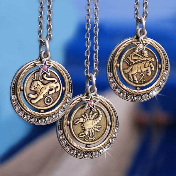 Collar con el signo del zodíaco: colgante astrológico de bronce con halo de cristal