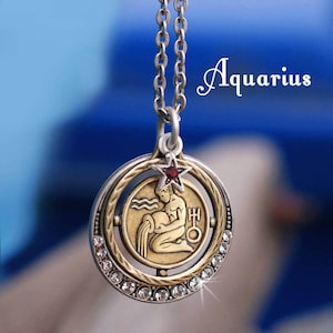 Aquarius Zodiac Necklace: Bronze Pendant with Crystal Halo