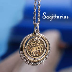 Sagittarius Zodiac Necklace: Bronze Pendant with Crystal Halo