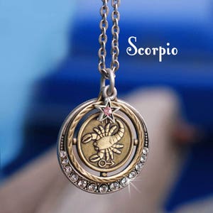 Scorpio Zodiac Necklace: Bronze Pendant, Crystal Halo, Astrology Jewelry