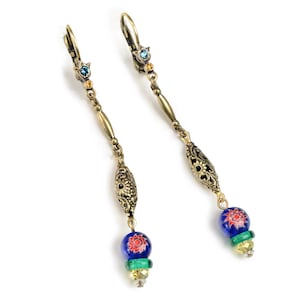 Millefiori Glass Filigree Earrings, Millefiori Jewelry, Filigree Earrings, Vintage Earrings, Boho Jewelry, Murano Glass, Retro Earring E1381