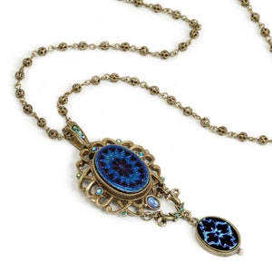 Vintage iridescent peacock Czech Glass Necklace, Blue Pendant Necklace, Vintage Style Statement Necklace, N823