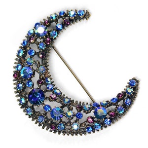 Blue Moon Brooch, Crystal Moon Pin, Statement Moon Jewelry, Moon Earrings, Large Vintage Brooch, Celestial Lunar Jewelry image 1