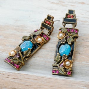 Art Deco Chinese Rose Earrings, Unique Earrings, Statement Jewelry, Vintage Chinese Flower Jewelry E1199