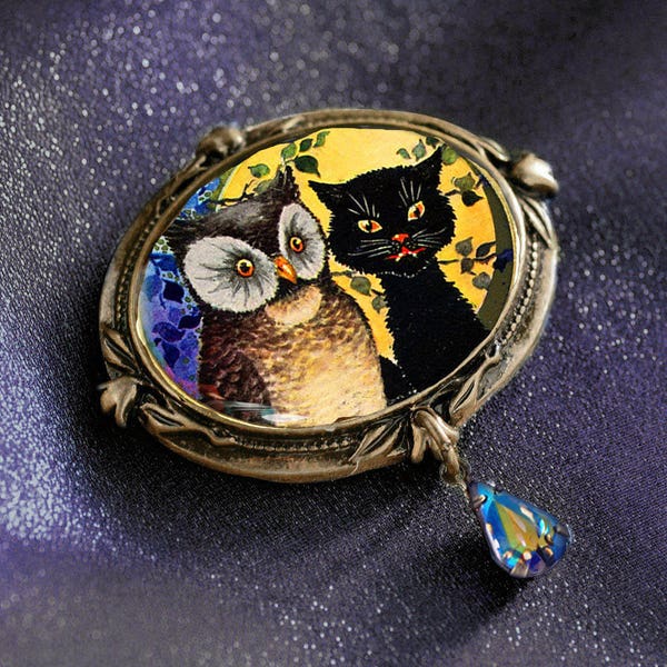 Owl and Black Cat Pin, Halloween enamel pin, Vintage retro owl and cat jewelry, Owl and the pussycat, Owl and cat jewelry P324