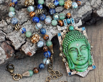 Buddha-hängehalsband: Lapis, Aventurin, Tigeröga-ädelstenspärlor