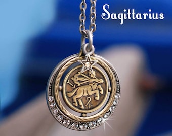 Collar del zodiaco Sagitario: colgante de bronce con halo de cristal