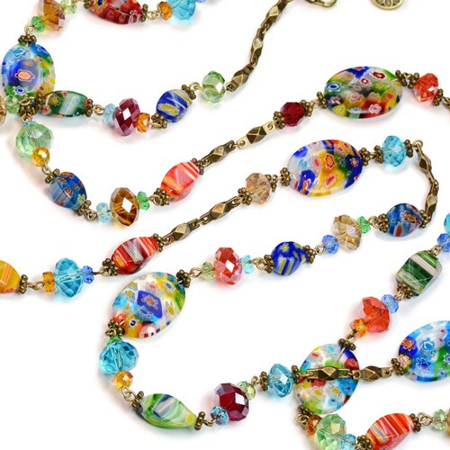 Millefiori Necklace Long Beaded Necklace Layering Necklace Etsy