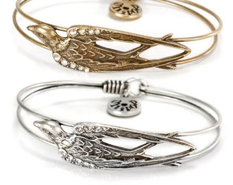 Bird Bracelet, Silver Swallow Vintage Bracelet, Dove Bracelet, Bird lover gift, Bangle BR351