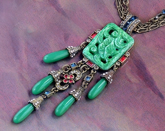 Vintage Art Deco Drop Necklace, Jade Jewelry, Jadeite Glass Necklace, 1920s Jewelry, Art Deco Jewelry, Flapper Necklace N3383