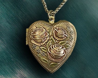 Victorian Heart Locket Necklace: Vintage Rose Bronze Memorial Jewelry