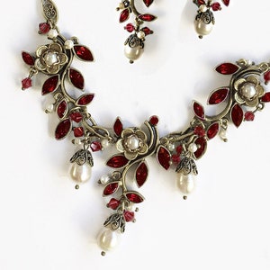 Garnet ruby red crystal vintage necklace, Ruby statement necklace, Red Necklace and Earrings,  Sweet Romance necklace N1186-GA