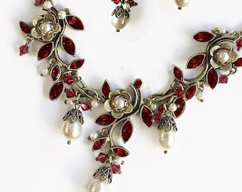 Garnet ruby red crystal vintage necklace, Ruby statement necklace, Red Necklace and Earrings,  Sweet Romance necklace N1186-GA