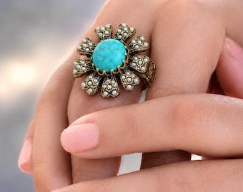 Turquoise Sunflower Ring, Adjustable Flower Statement Ring, Seed Pearl Boho Ring, Sizes 6–9