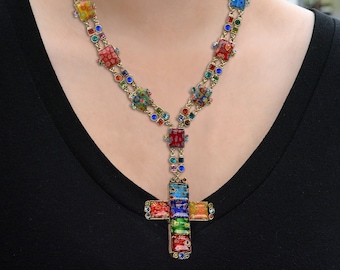 Millefiori Glass Geometric Cross Necklace, Modern Colorful Cross Necklace, Vintage Glass Christian necklace N221