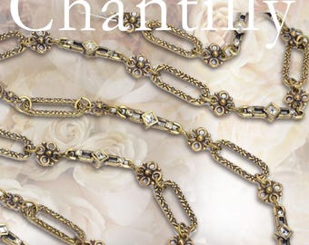 Long Silver Chantilly Chain Necklace: Victorian Crystal Layering Chain