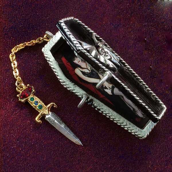Elvira Coffin Stash Box, Coffin Locket Necklace, Coffin Ring Box, Goth coffin and dagger stash necklace, Elvira gift EL_BX100