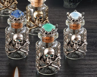 Glass Skull and Crossbone Poison Bottles, scent essential oils bottles, Gothic Medieval decor