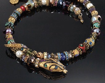 Vintage Gold Snake Necklace: Beaded Serpent Jewelry, Swarovski Crystals