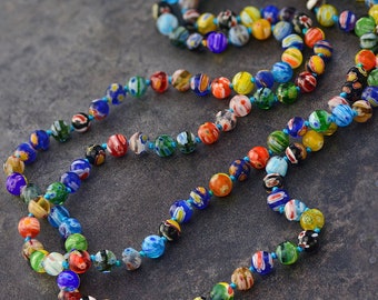 Millefiori Glass Knotted Beads Necklace, Rainbow Necklace, Millefiori Jewelry, Long Colorful Necklace, Beaded Strand Necklace N1473
