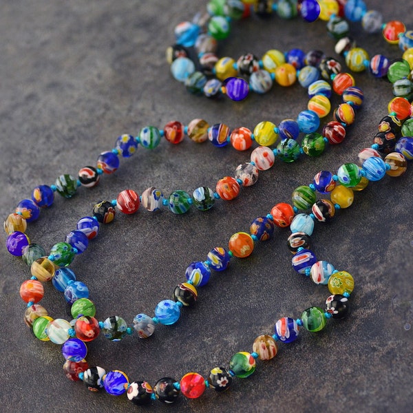 Collier de perles nouées en verre Millefiori, collier arc-en-ciel, bijoux Millefiori, long collier coloré, collier de perles N1473