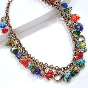 Millefiori Heart Charm Necklace: Murano Venetian Glass, Bronze Chain
