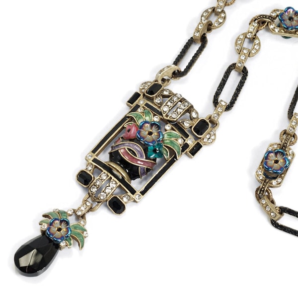 Art Deco Enamel Statement Necklace, Deco Flower Jewelry, Black Enamel Vintage Necklace, Tropical Jewelry,  Gatsby Jewelry, N892