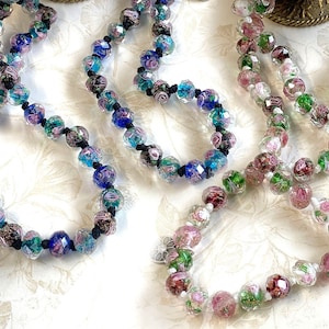 Murano Glass Knotted Beads  Glass Flower Long Millefiori Colorful Lampwork Murano Bead Necklace, Venetian Blue Purple Pink beads N1460