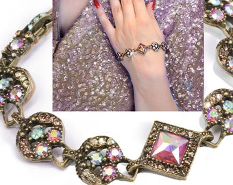 Vintage 1950s 1960s Midcentury Rhinestone Bracelet, Crystal Link Bracelet, Retro crystal deco bracelet BR555